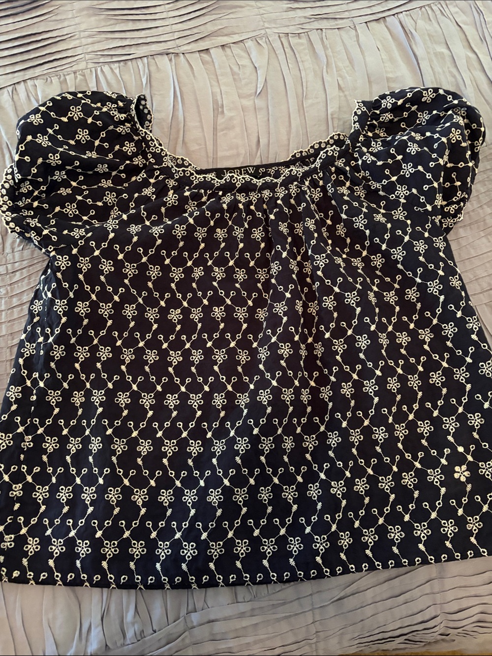 J. Crew navyTop with White Floral Embroidery and Puff Sleeves